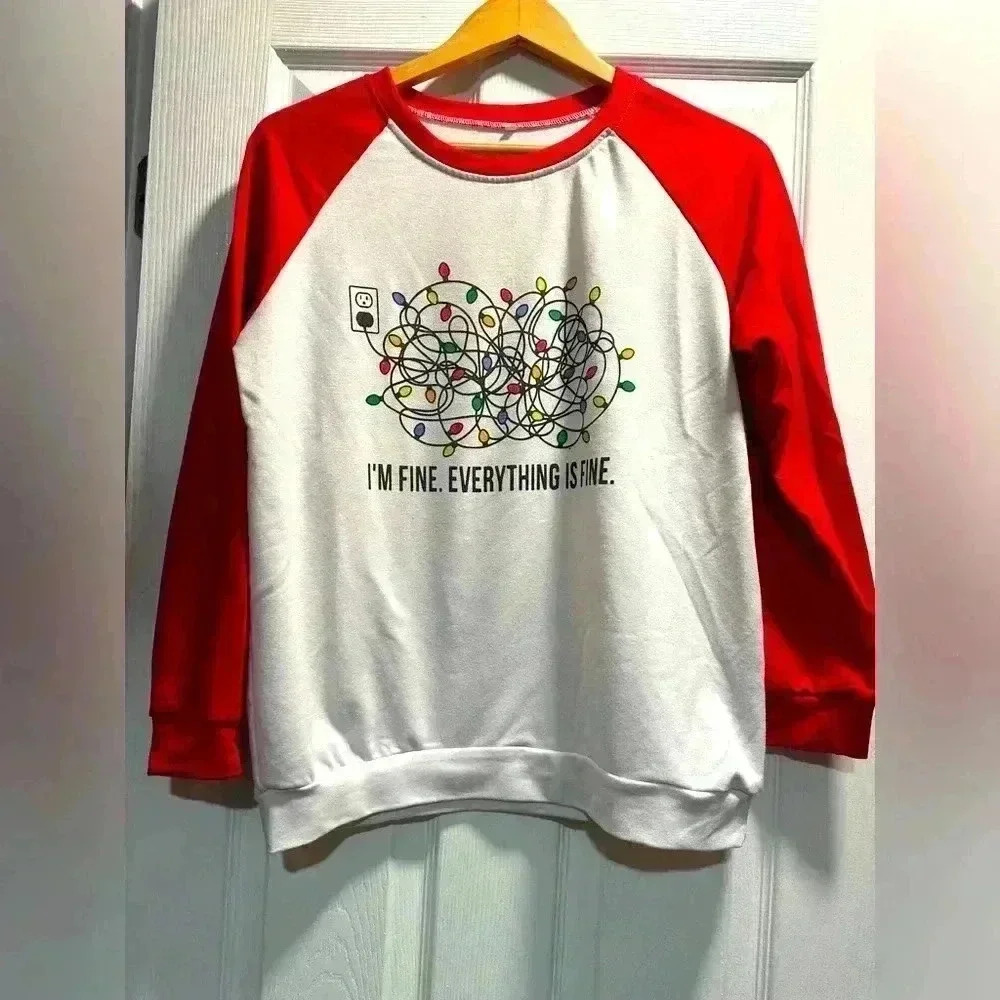 Holiday Raglan Sweatshirt Red Sleeves Tangled Lights Design, Size M, Festive Fun